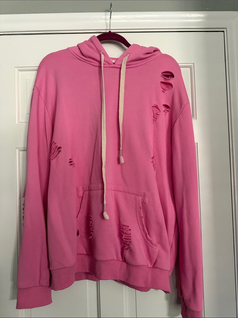 Pol Distressed Pink Hoodie with Cream Drawstrings